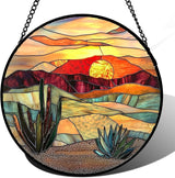 DASTOLL Stained Glass Window Hanging, Golden Landscape Dusk Sunset Suncatcher for Doors Window Home Cactus Sun Catchers Decoration Mother's Day Birthday Gifts for Women, Men, and Mom 15 in