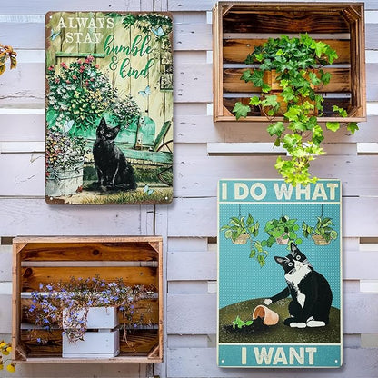 MorningRo 2 Pcs Funny Metal Tin Garden Sign 12'' x 8'' Gifts for Plant Lovers Women Grandma Mom Garden Decor Metal Tin Sign for Farmhouse Greenhouse Patio Yard Wall Decor Indoor Outdoor(Cute Cat)
