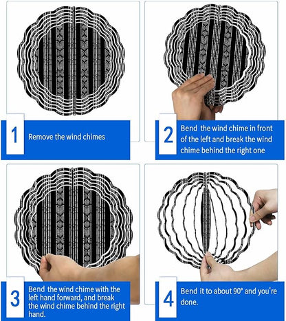 Tribal Boho Geometric Stripes Round Wind Spinner 8", 3D Stainless Steel Wind Spinners for Yard and Garden Black Indoor Outdoor Metal Hanging Craft Ornaments for Porch Lawn Home Party Decoration