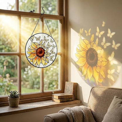 Sunflower Suncatcher Butterfly Stained Glass Suncatchers 7.87 Inch Stained Glass Ornament for Home Decor Indoor Wall Art for Mother Women Friends