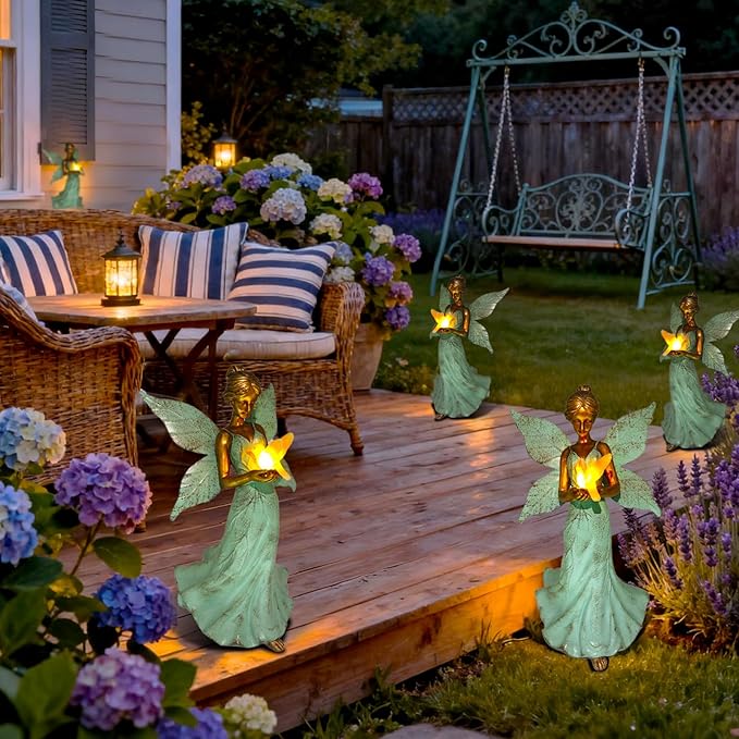 Solar Fairy Garden Statue Decor - 10 Inch Angel Girls Resin Figurine Waterproof Home Decoration with Hummingbird LED Lights for Bedroom Balcony Table Yard Patio, Gifts for Women Mom Grandma Birthday