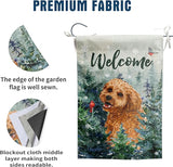 Welcome Winter Garden Flags Golden Doodle Garden Flag Cardinal Birds on Snowy Pine Tree Flag Dog Yard Flags for Outside 12x18 Double Sided Christmas Decorative Lawn Flags