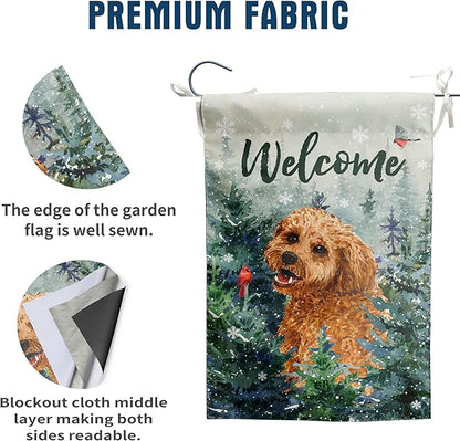 Welcome Winter Garden Flags Golden Doodle Garden Flag Cardinal Birds on Snowy Pine Tree Flag Dog Yard Flags for Outside 12x18 Double Sided Christmas Decorative Lawn Flags