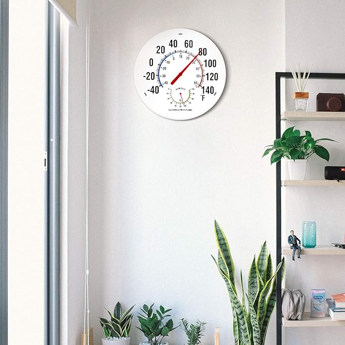 Circrane 13.25 Inch Round Thermometer with Hygrometer, Large Indoor Wall Patio Bimetal Weather Thermometer, No Battery Required, White