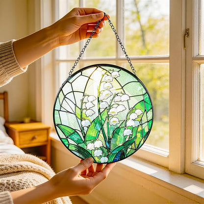 Stained Glass Window Hanging, Lily of the Valley Suncatcher 7.8 in Sun Catcher Boho Wall Art Decor with Chain Diamond Glass Panel Hangings Scenery Sun Catchers Decor for Lover Couple Mom