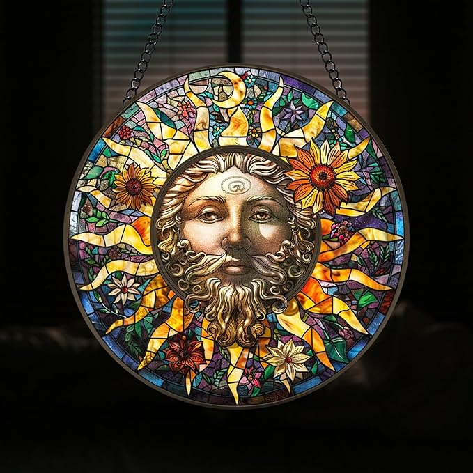 Stained Glass Window Hanging Moon Suncatcher 8 Inch, Indoor Outdoor Wall Art Home Decor, Sun Catchers, Birthday for Women Men