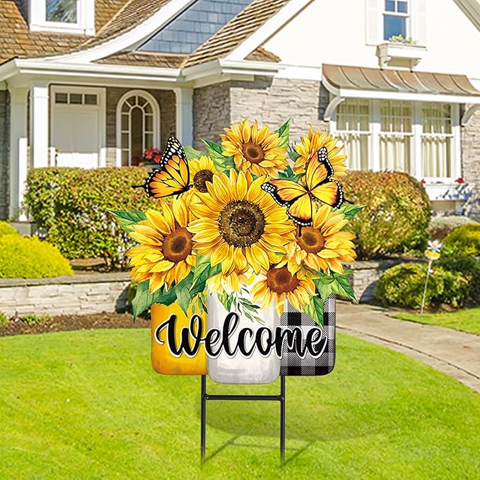 JarThenaAMCS Summer Sunflower Metal Garden Stakes Flower Welcome Yard Sign Watercolor Floral Vase Decorative Lawn Sign for Home Outside Lawn Porch Decor