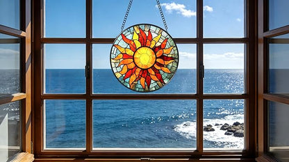Funoasis Stained Glass Window Hanging 6.3 Inches Suncatcher - Sun and Sun Flames Ornaments Sun Catcher Home Decor Women Birthday