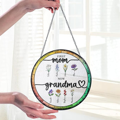 Personalized First Mom Now Grandma Birth Flower Stained Glass Window Hanging Ornament, Custom Birth Month Flowers with Kids’ Names, Floral Art Decoration, for Mom Grandma