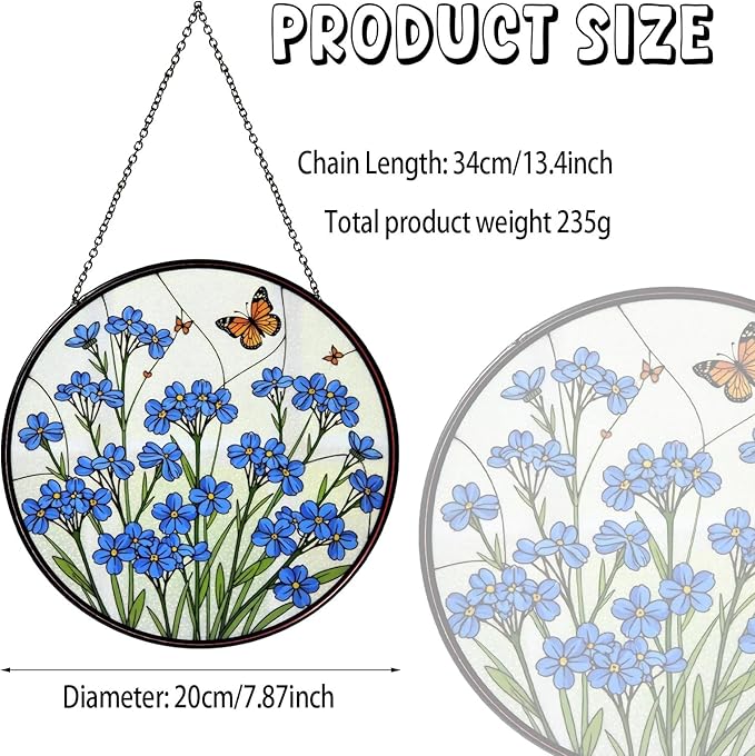 Forget-Me-Not Hand Stained Glass Window Hanging Floral Sun Catcher Decor Flower Lover Gifts for Women Christmas Suncatchers for Home Windows Hanging Decoration, 7.87inch