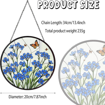 Forget-Me-Not Hand Stained Glass Window Hanging Floral Sun Catcher Decor Flower Lover Gifts for Women Christmas Suncatchers for Home Windows Hanging Decoration, 7.87inch