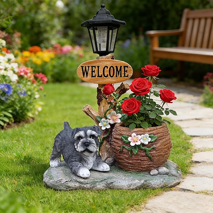 Solar Garden Statue with Planter & Solar Lantern, Outdoor Resin Animal Sculpture, Waterproof Yard Lawn Decor Pot for Succulents, Front Porch Ornament Housewarming Gift (Miniature Schnauzer)