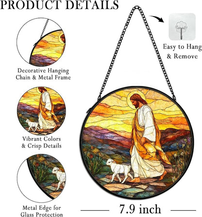 Christian Easter Jesus Lamb Suncatcher Stained Glass Window Hanging Wall Decor, Christian Easter Gifts for Women, Jesus Leaves the 99 Sheep Sun Catchers Garden Lawn Window Hanging Art,7.9x7.9In
