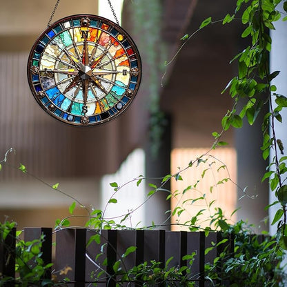 Compass Stained Glass Window Hanging Compass Sun Catcher Decor New House Decor Christmas Suncatchers for Home Windows Hanging Decoration, 7.87inch