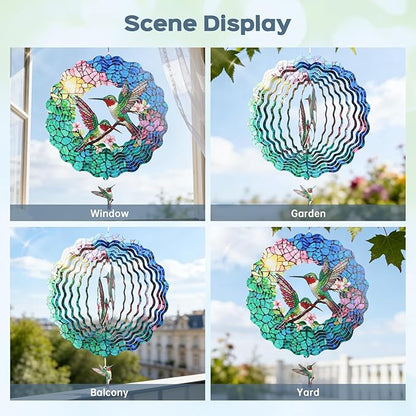 Hummingbird Wind Spinners Outdoor, IDEA SHOW 12In Stainless Steel Wind Spinners Outside, 3D Kinetic Hanging Spinners Sculpture for Women Mom, Metal Garden Decor Ornaments for Patio Yard Art