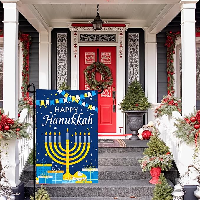 Happy Hanukkah Garden Flags 12 x 18 Inch Double Sided Jewish Holiday Menorah Star Candles Yard Flag for December Hanukkah Outdoor Decorations for Outside garden yard