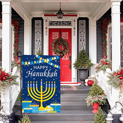 Happy Hanukkah Garden Flags 12 x 18 Inch Double Sided Jewish Holiday Menorah Star Candles Yard Flag for December Hanukkah Outdoor Decorations for Outside garden yard