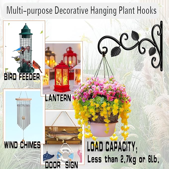 Plant Hanging Bracket, 10 inch Wall Mount Plant Hanger Outdoor Indoor, Decorative Outdoor Hanging Plant Bracket Hooks for Planter Flower Bird Feeder Lanterns Wind Chimes 2 Count