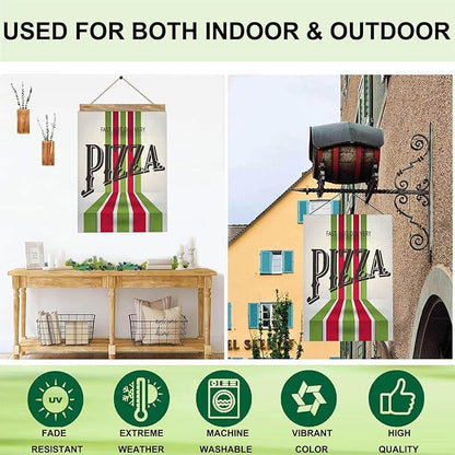 Mugod Retro Pizza Decorative House Flag Double Sided 28 x 40, Italian Food Red Green Striped Large Burlap Outdoor Flag Garden Yard Outside Decoration