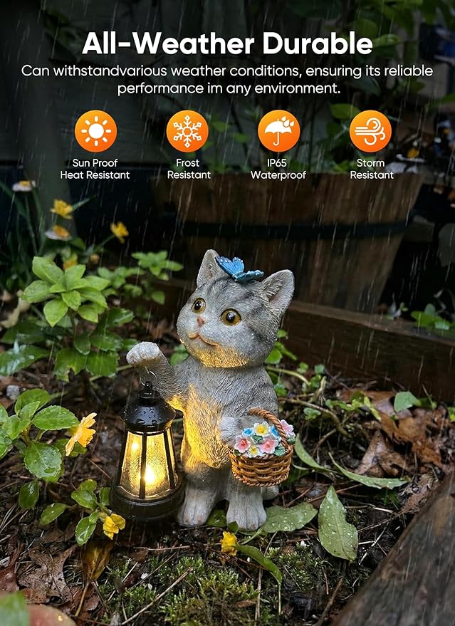 Brightown Solar Cat Garden Decor Statue with Solar Lantern Light, Hand-Painted Resin, IP65 Waterproof Outdoor Decor for Patio, Balcony & Yard Decorations, Unique Mothers Day Gifts for Mom Women