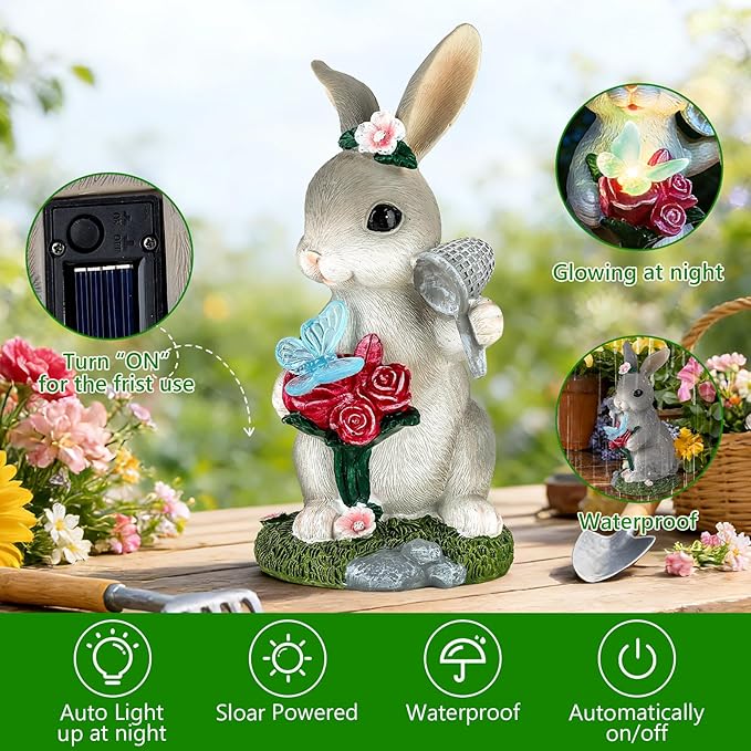 Solar Garden Decor Rabbit with Butterfly Statues Outdoor, Outdoor Figurine Statue Lights, Outdoor Garden Yard Lawn Patio Decoration, Unique House Warming Birthday Present for Women Family