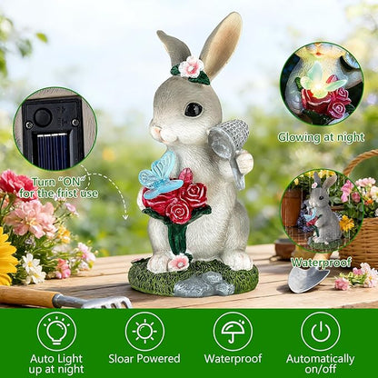 Solar Garden Decor Rabbit with Butterfly Statues Outdoor, Outdoor Figurine Statue Lights, Outdoor Garden Yard Lawn Patio Decoration, Unique House Warming Birthday Present for Women Family
