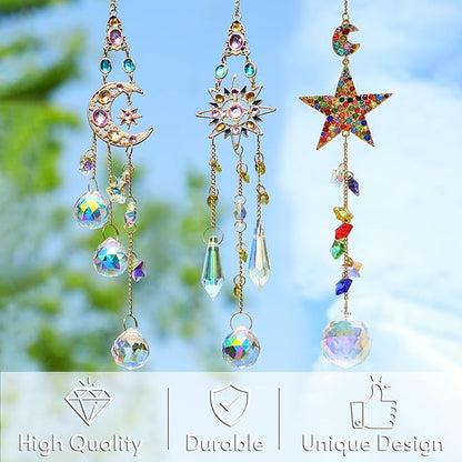H&D HYALINE & DORA 3Pcs Sun Catchers with Crystals Glass Prisms Rhinestones Suncatcher Rainbow Maker Pendant Indoor Window Home Car Decor Gift(Star, Sun, Moon)