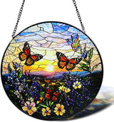 Stained Glass Window Hanging, 8 in Butterfly Sun Catchers, Diamond Glass Panel Landscape Suncatcher for Home Decor - Gift for Women Mother's Day Christmas