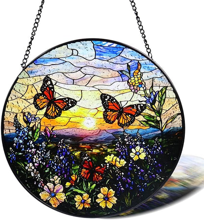 Stained Glass Window Hanging, 8 in Butterfly Sun Catchers, Diamond Glass Panel Landscape Suncatcher for Home Decor - Gift for Women Mother's Day Christmas