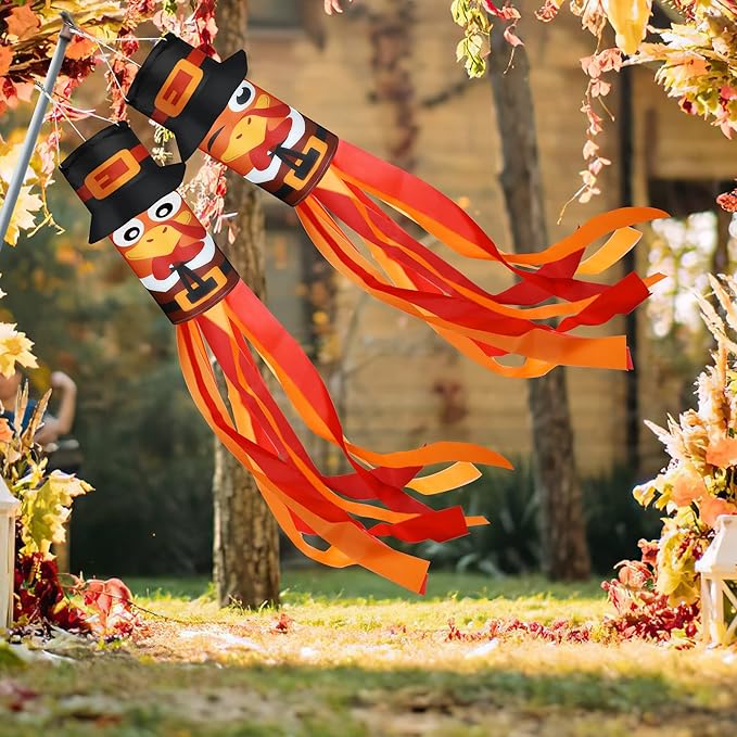 2Pcs Fall Thanksgiving Turkey Windsocks Decorations - Fall Thanksgiving Decorations - Thanksgiving Party Home Farmhouse Yard Front Door Window Wind Sock Outdoor Hanging Decor- 40 Inch
