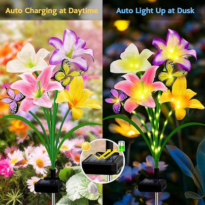 Solar Garden Lights 6 Pack 24 Lily Flowers with Butterfly Decor, Gifts for Mom Woman Birthday Solar Flower Lights for Outside,Cemetery Flowers for Grave - Decorative Lilies for Yard, Patio, Pathway