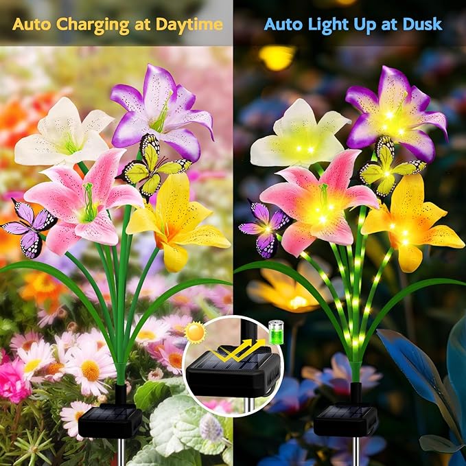 Solar Garden Lights 2 Pack 8 Lily Flowers with Butterfly Decor,Gifts for Mom Woman Birthday Solar Flower Lights for Outside,Cemetery Flowers for Grave - Decorative Lilies for Yard, Patio, Pathway