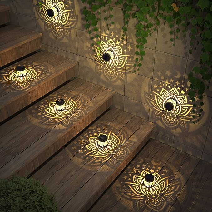 gardencave 2 Pack Solar Fence Lights Metal Solar Powered Outdoor Wall Deck Lights Lotus Theme Waterproof Fence Light for Garden Post Patio Backyard Yard Decor (Lotus, 2 Pack)
