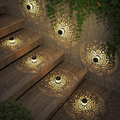 gardencave 2 Pack Solar Fence Lights Metal Solar Powered Outdoor Wall Deck Lights Lotus Theme Waterproof Fence Light for Garden Post Patio Backyard Yard Decor (Lotus, 2 Pack)