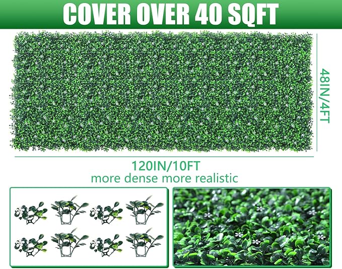 Grooy 48"x 120"(40 sq.ft) Artificial Boxwood Roll Panels with Flowers, UV-Anti Faux Ivy Leaves Privacy Fence Screen, Grass Wall Roll Panels for Indoor Home Decor and Outdoor Garden Backyard