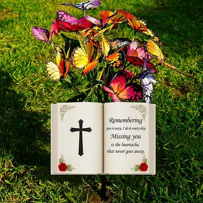 Solar Bible Cross Memorial Stake - Metal Silhouette Religious Grave Decoration for Cemetery - Flat Christian Cross Stake with Butterfly Lights - Cemetery Flower Decor for Grave, Sympathy Gift