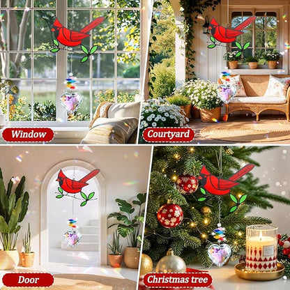 Red Cardinal Bird Window Sun Catcher – Handmade Bird Lover Window Hanging Décor with Suction Cups for Home & Garden - Memorial Cardinal Gifts for Women, Mom,Grandma (B)