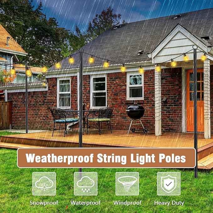 NUERPO 4 Pack String Light Poles,Metal Poles for Hanging Outdoor Light Strings,4 Pack 10 FT Light Poles Stand for Outside Garden,Patio,Wedding,Backyard,Deck,Party