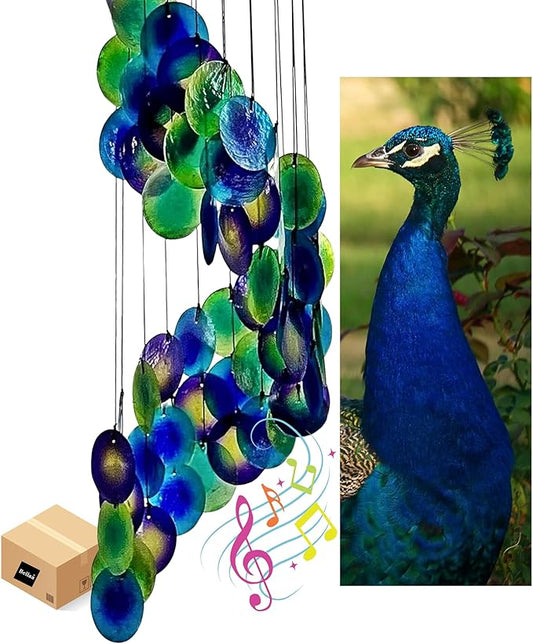 Bellaa 23332 Wind Chimes Capiz Sea Glass Shells Large 27 inch Outside Windchimes Peacock Home Decor Outdoor Garden Patio Yard Lawn Unique Gifts for Mom Grandma Woman Sympathy Memorial Remembrance