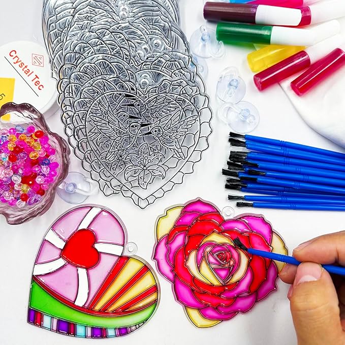 AUEKIV Valentines Suncatcher Crafts Kit 30 Sets Heart Suncatchers Window Art Paint Sun Catcher DIY Craft Kits Rose for Valentine's Day Classroom Activities Party Gift Exchange