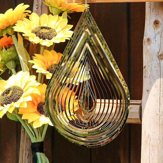 Phuryllic Wind Spinners Outdoor, Garden Decor, Bird Deterrents for Outside, 3D Metal Yard Decorations for Patio & Porch, Unique Gardening Gifts for Women & Moms - 12in Gold Waterdrop