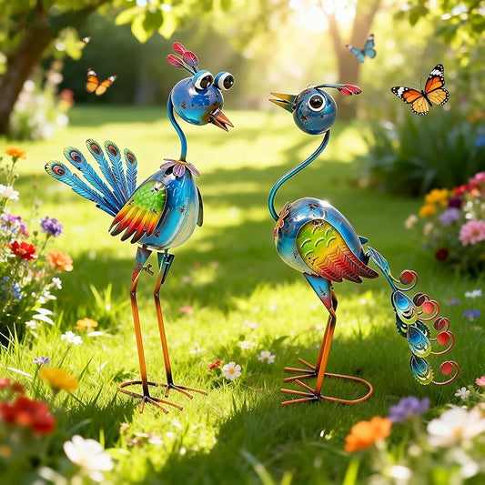 22.5" Metal Peacock Garden Statues Set of 2, Whimsical Hand-Painted Cartoon Birds, Blue & Rainbow Yard Art for Patio Lawn, Indoor Shelf Decor, Unique Gift for Women