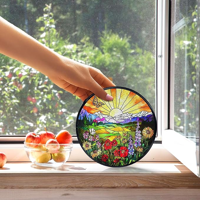 kdqua Sunshine Flower Suncatcher Stained Glass Window Hanging, Cottagecore Sunset Wildflower Sun Catchers Indoor Window Glass Round Wall Decor, Floral Wall Art Hanging Decorations Statues, 7.9x7.9in
