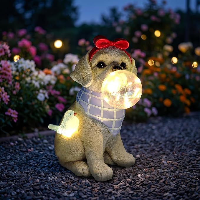 Solar Garden Dog Statue, Detachable Ground Stake, Light Brown Resin Labrador Puppy with LED Bubble and Bird, Waterproof Yard Decor for Patio, Lawn, Porch, Pathway, and Gift Giving