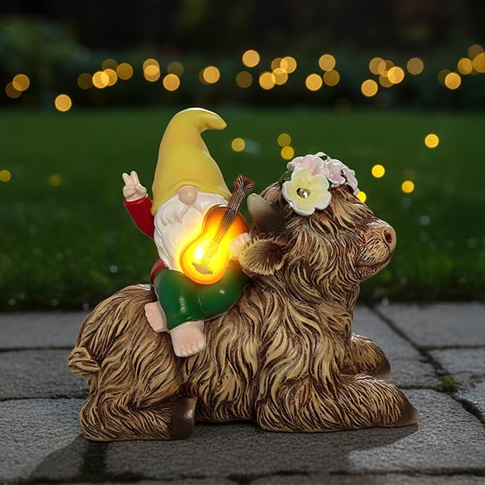 Spring Garden Paly The Violin Gnome Highland Cow Solar Statues, Summer Gnome Outdoor Resin Sculpture Decor for Home Table Patio Lawn Yard Porch Balcony, Housewarming