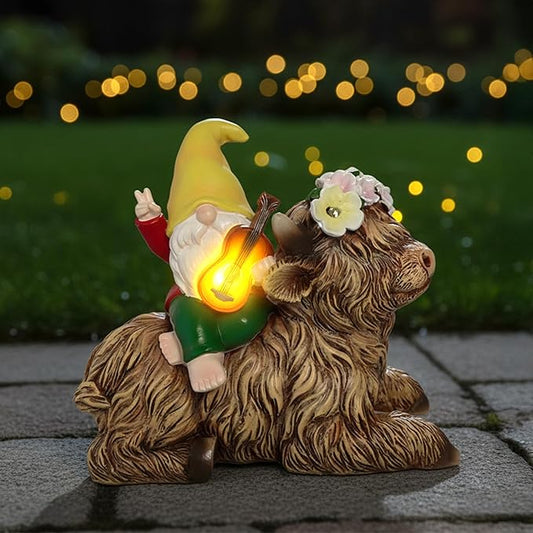 Spring Garden Paly The Violin Gnome Highland Cow Solar Statues, Summer Gnome Outdoor Resin Sculpture Decor for Home Table Patio Lawn Yard Porch Balcony, Housewarming