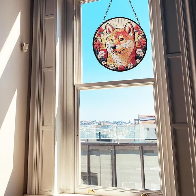 Stained Glass Dog Memorial Suncatcher,Shiba Inu Window Hanging,Sympathy Gifts for Pet Loss,7.9 inch/20 cm Home and Garden Decor for Dog Lovers