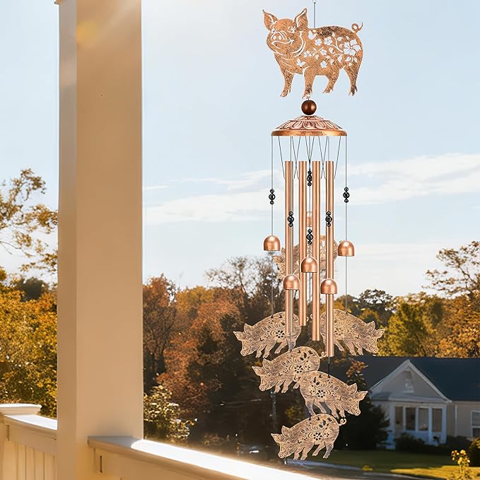 Pig Decor Wind Chimes - Metal Animal Windchimes with Card Outside Indoor Decoration for Garden Yard Patio Balcony Thanksgiving Christmas Birthday Gifts for Pigs Lovers Women Mother Grandma