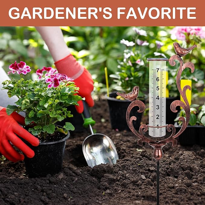 Rain Gauge Outdoor, Cast Iron Bird Rain Gauge - 7" Capacity Plastic Rain Gauge Freeze Proof with Metal Stake Decorative for Garden Yard Patio & Lawn with Large Readable Numbers