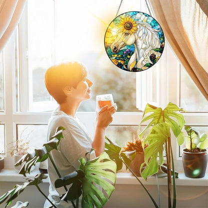 Bimkole Horse Stained Glass Suncatcher Window Hanging - Animals Indoor Window or Doorway Decoration - Handmade Sun Catcher Decor for Garden Home Christmas & Birthday Gifts 7.87x7.87 in